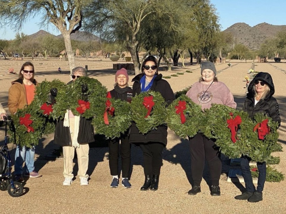 This photo shows members of Copper State Chapter, NSDAR, holding wreaths for Wreaths Across America.